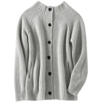 Shuchan Kalın Sweatercoat 100 % Kaşmir Stand-UP Yaka Tek Göğüslü İngiltere Tarzı Cep Kimono Hırka Kış Sıcak