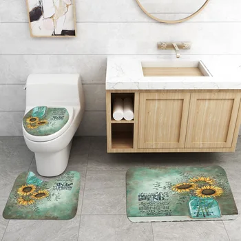 Baskılı Ayçiçeği Banyo Paspas ve Duş perde seti Flanel Duş Odası Ayak Mat Tuvalet Halısı Banyo zemin halısı Seti