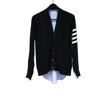 Moda TB 23SS THOM Marka Kazak Erkekler Slim Fit V Yaka Hırka Giyim Patchwork Çizgili Yün Kalın Rahat Kış Ceket