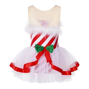 Çocuklar Noel Dans Elbise Kız Bale Jimnastik Leotard Elbise Kolsuz Kabarık Şerit Örgü Tutu Sahne Performansı Giyim