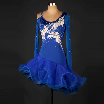 Moda Latin Dans Elbise Kız Mavi Uzun Kollu Latin Dans Kostümleri Kadınlar için Elmas Latin Elbiseler Kızlar için Rekabet