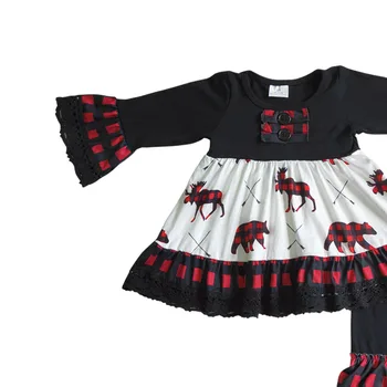 RTS Moda Çocuk Giyim Kız Siyah Uzun Kollu Geyik Ayı Butik Kıyafetler Fırfır Pantolon Noel Ekose