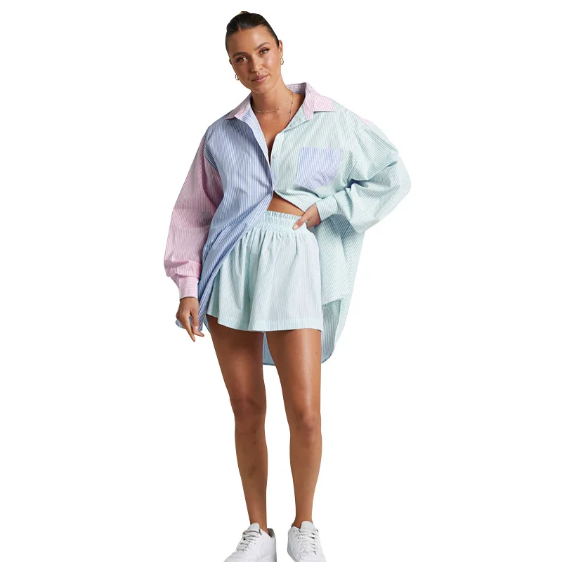 Yaz Ofis Patchwork Çizgili Gömlek Kadın Turn Down Yaka Uzun Kollu Üst Yüksek Bel Şort Takım Elbise Moda Rahat İki Parçalı Set Görüntü 5