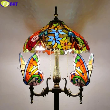 Tiffany Papağan Zemin Lambası Vitray Kelebek Lüks LED Zemin Lambası Kapalı Dekor Ayakta Lamba Klasik Zemin Lambası 3 kafaları